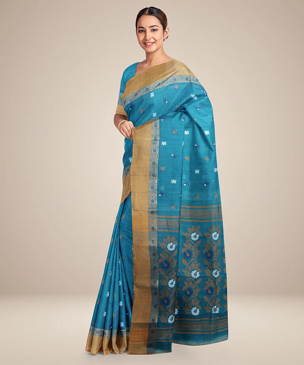 Teal green beige tangail cotton handloom saree