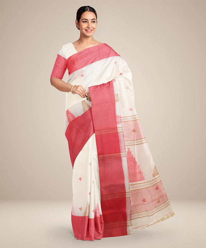 Off white red tangail cotton handloom saree