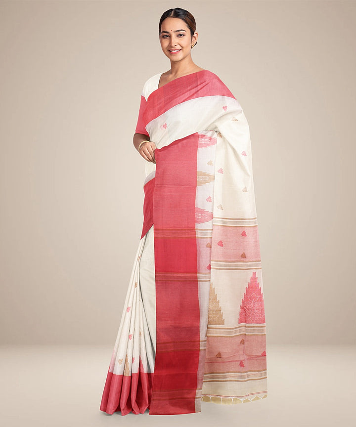 Off white red tangail cotton handloom saree