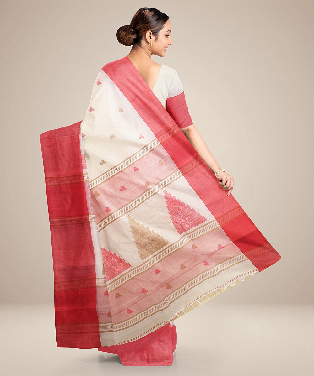 Off white red tangail cotton handloom saree