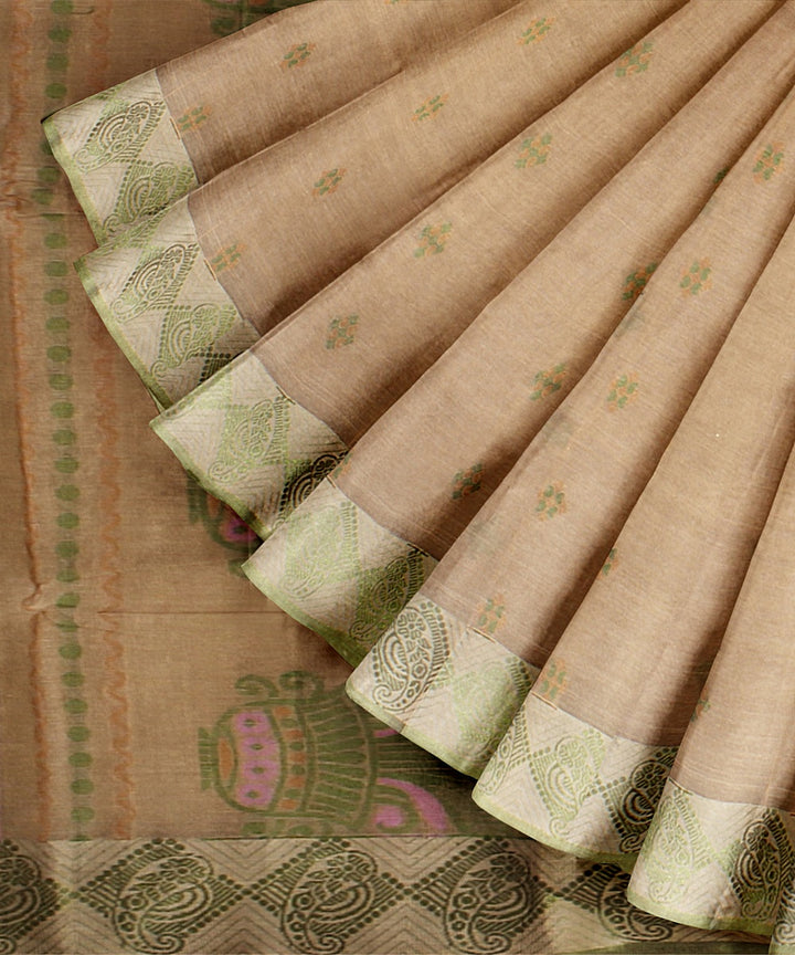 Cream lightgreen tangail cotton handloom saree