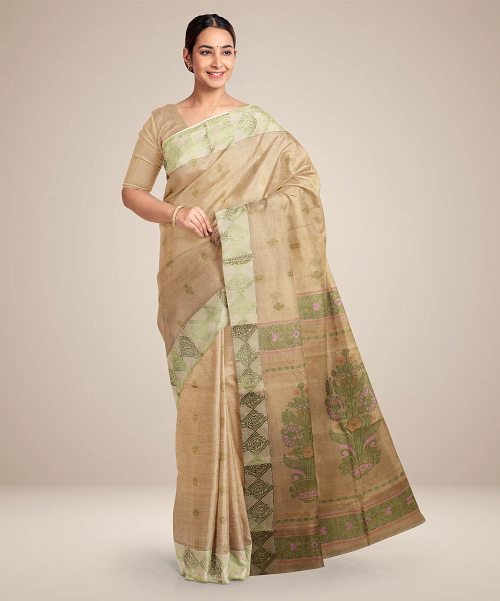 Cream lightgreen tangail cotton handloom saree