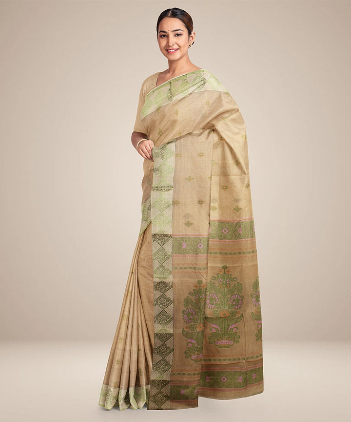 Cream lightgreen tangail cotton handloom saree