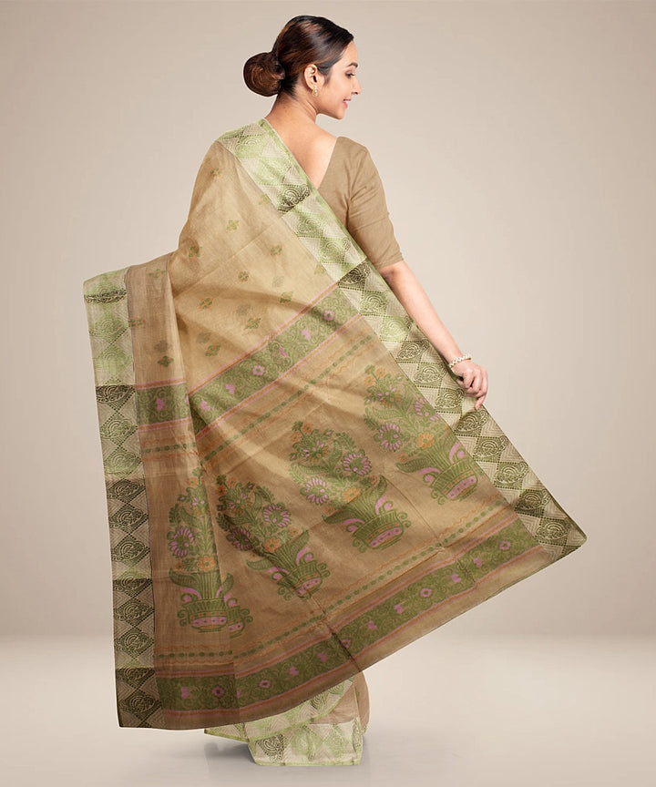 Cream lightgreen tangail cotton handloom saree