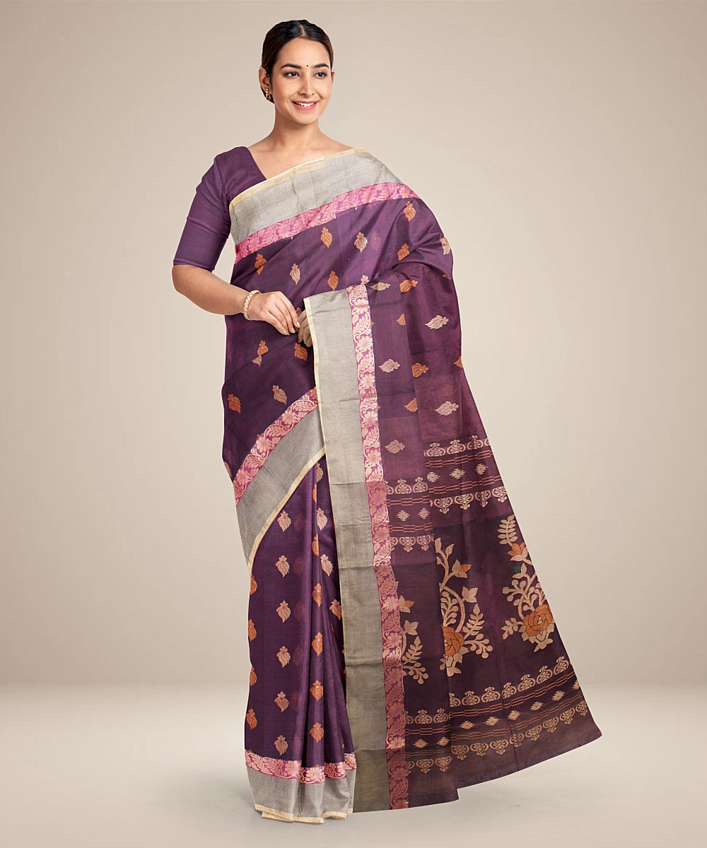 Purple beige tangail cotton handloom saree