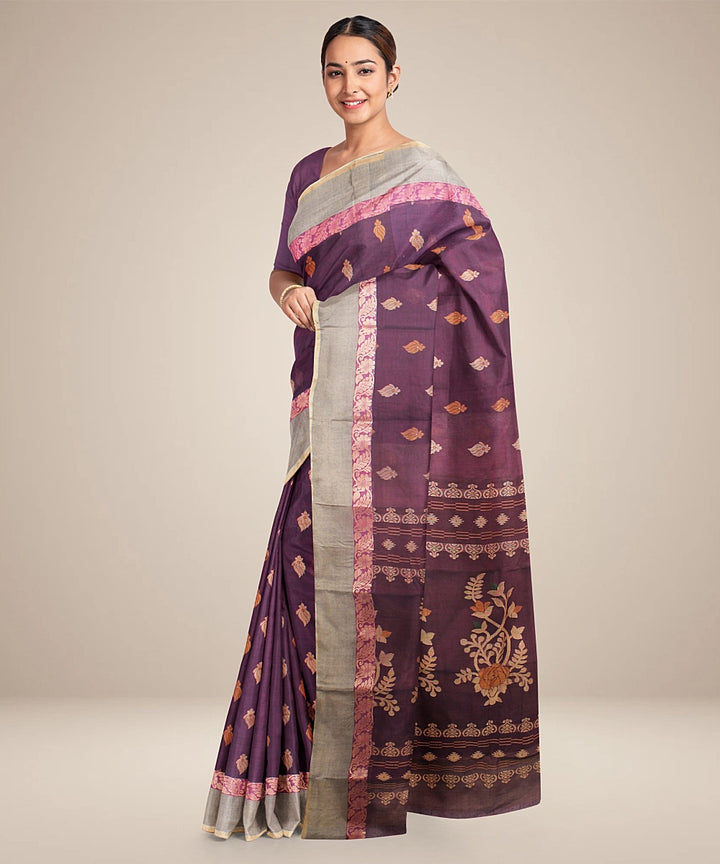 Purple beige tangail cotton handloom saree