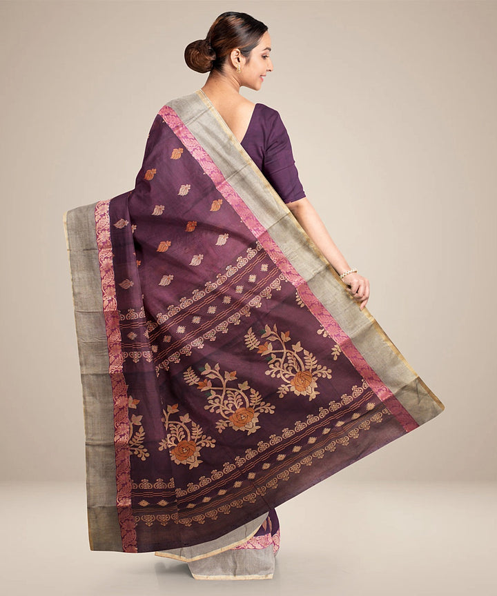 Purple beige tangail cotton handloom saree