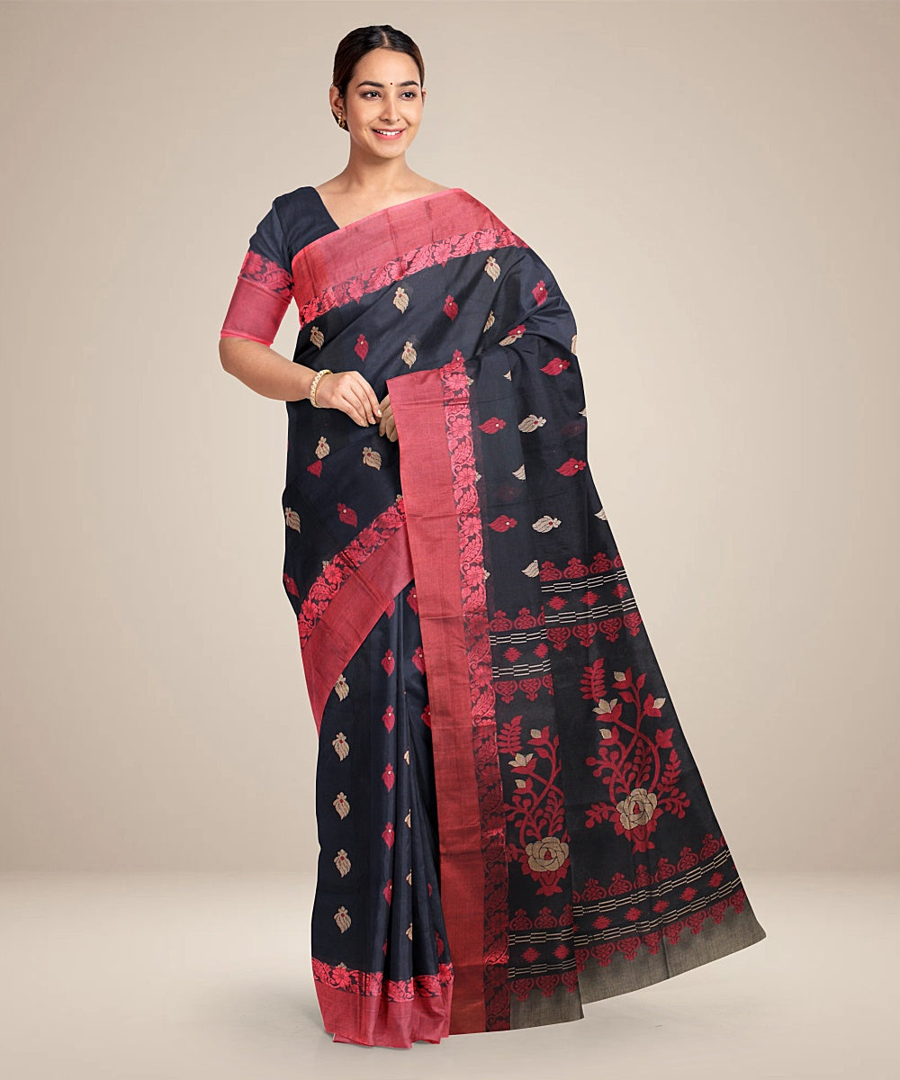 Black maroon tangail cotton handloom saree