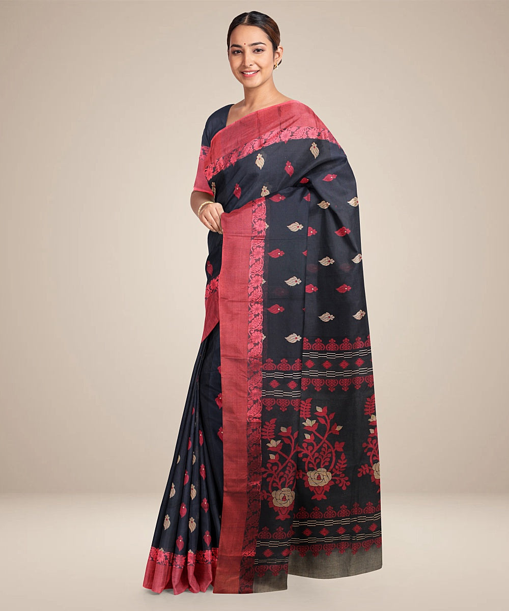 Black maroon tangail cotton handloom saree