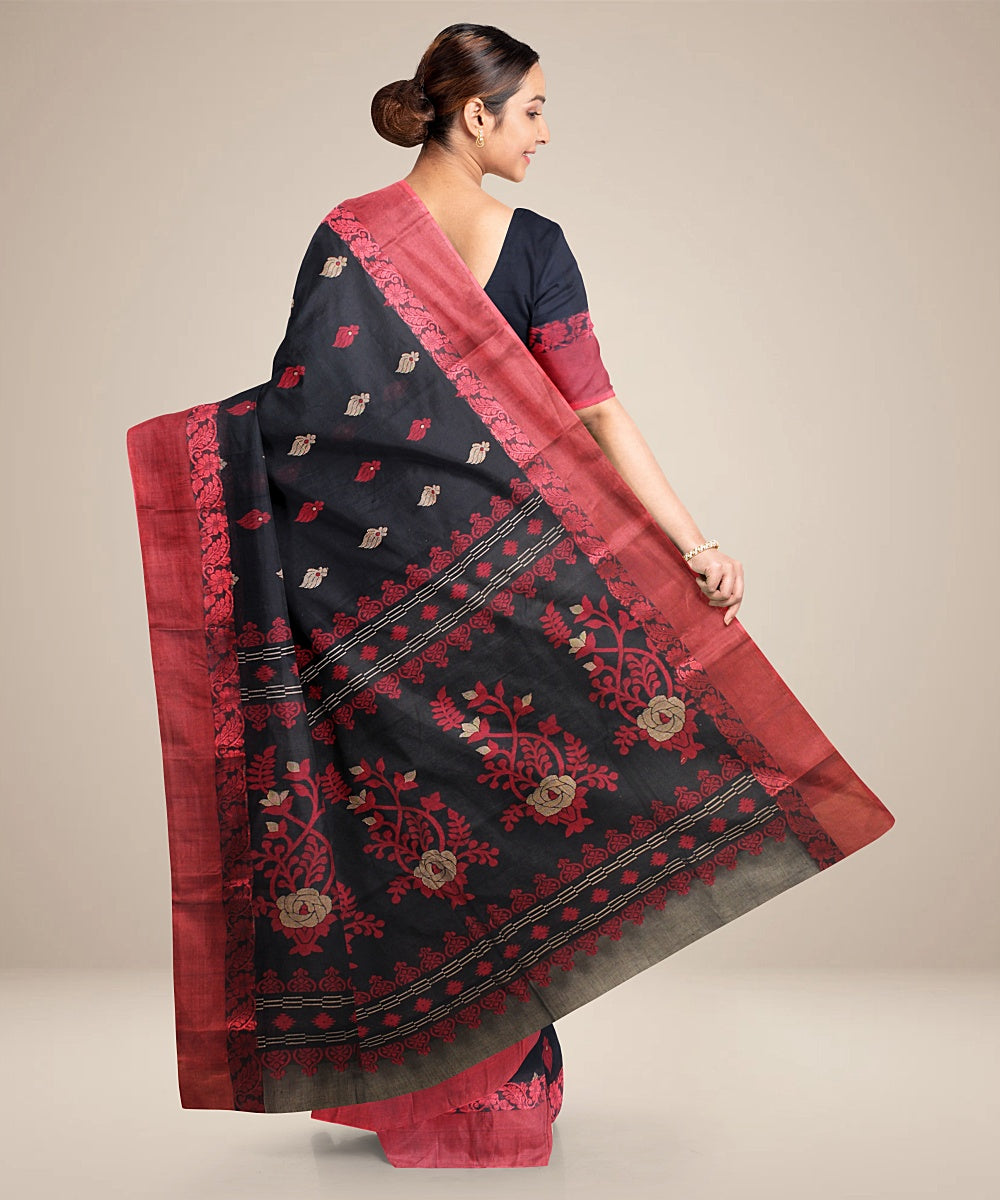 Black maroon tangail cotton handloom saree