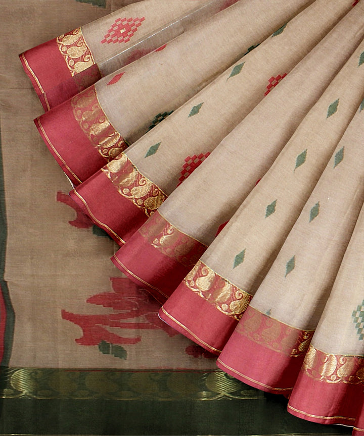 Beige red, green tangail cotton handloom saree