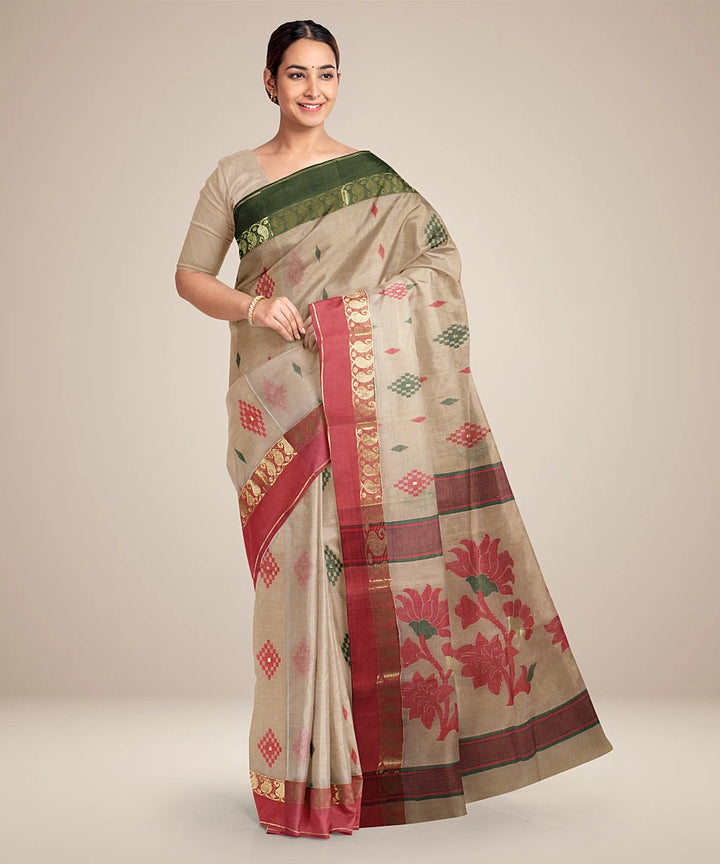 Beige red, green tangail cotton handloom saree