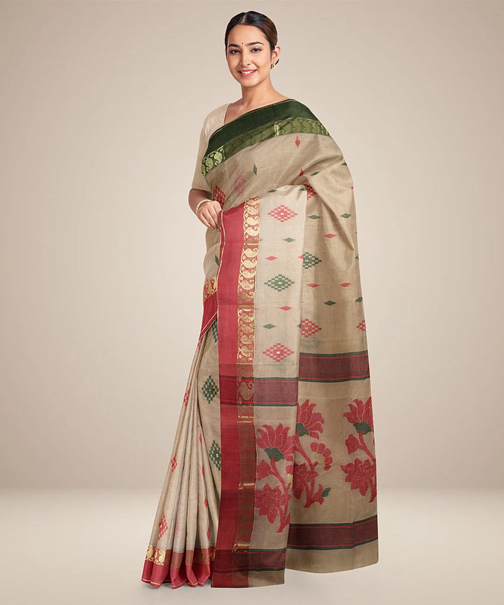 Beige red, green tangail cotton handloom saree