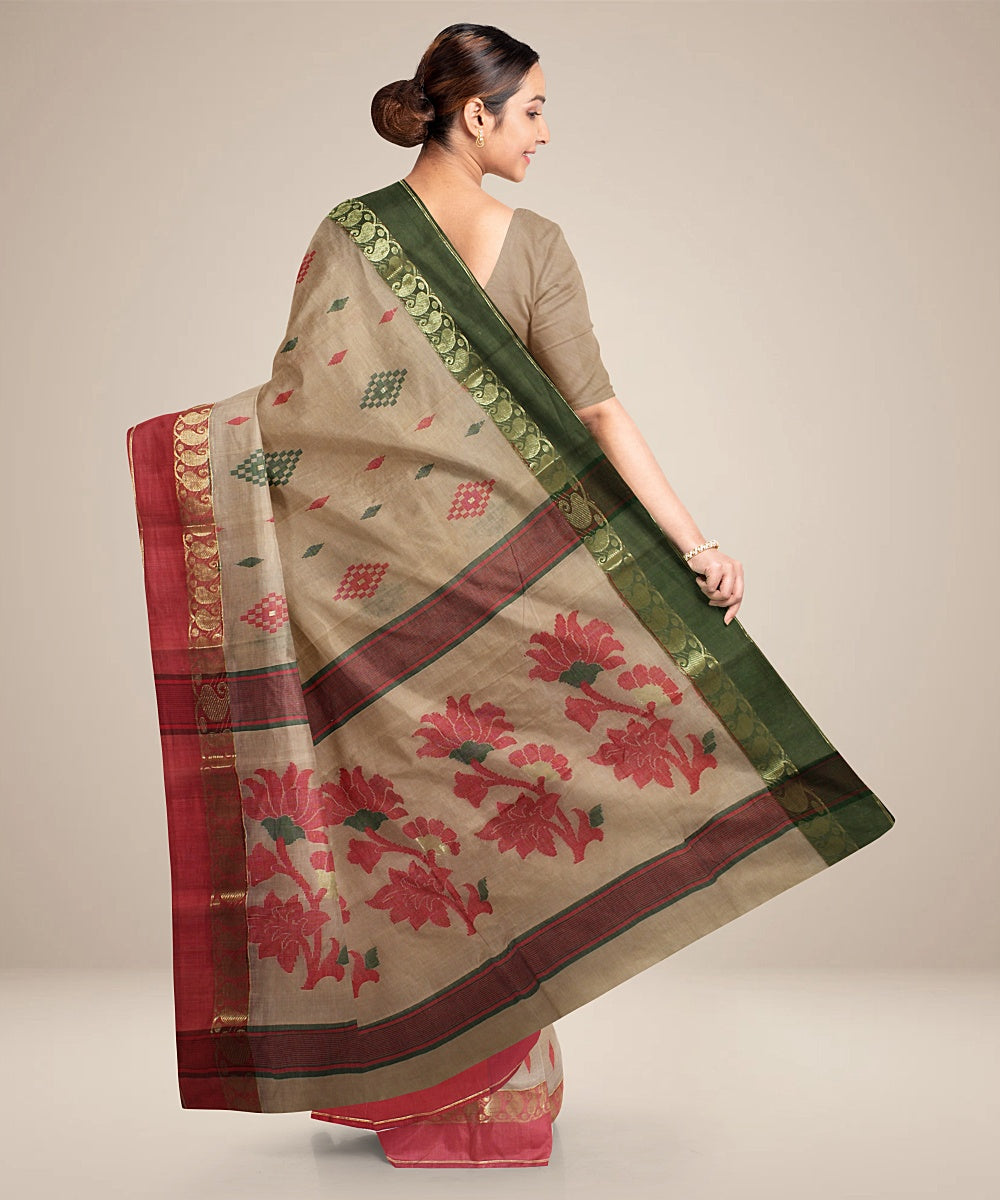 Beige red, green tangail cotton handloom saree