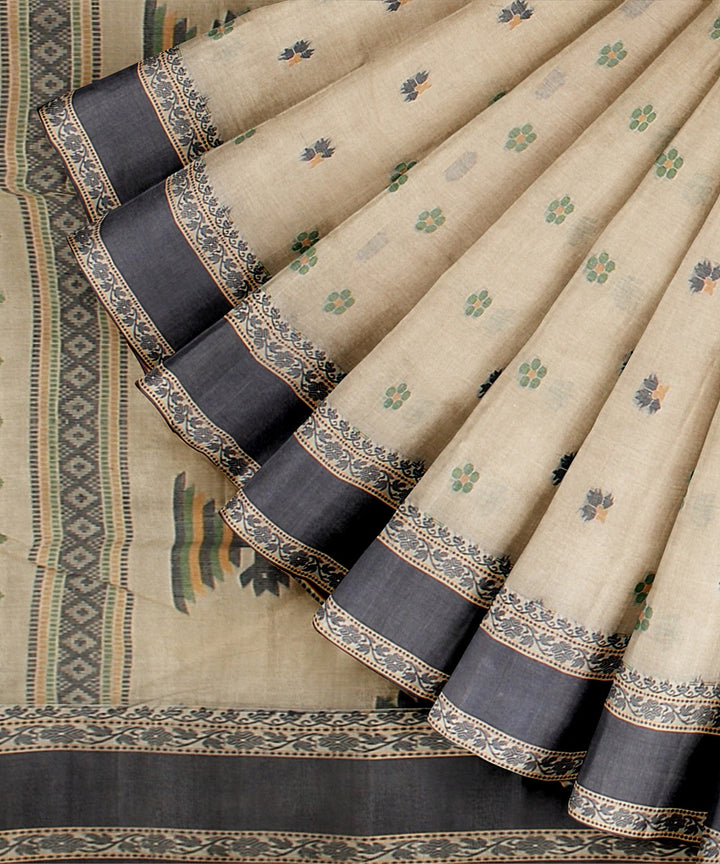 Beige black tangail cotton handloom saree