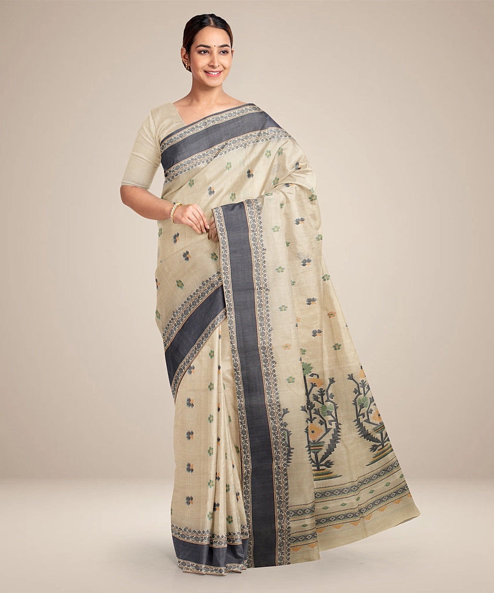 Beige black tangail cotton handloom saree