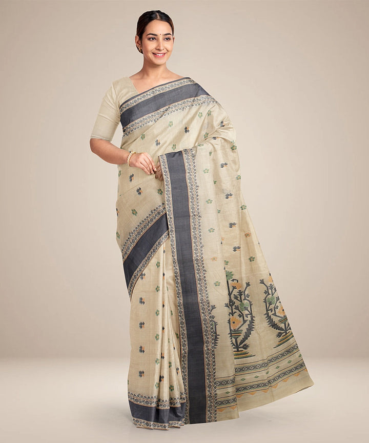 Beige black tangail cotton handloom saree