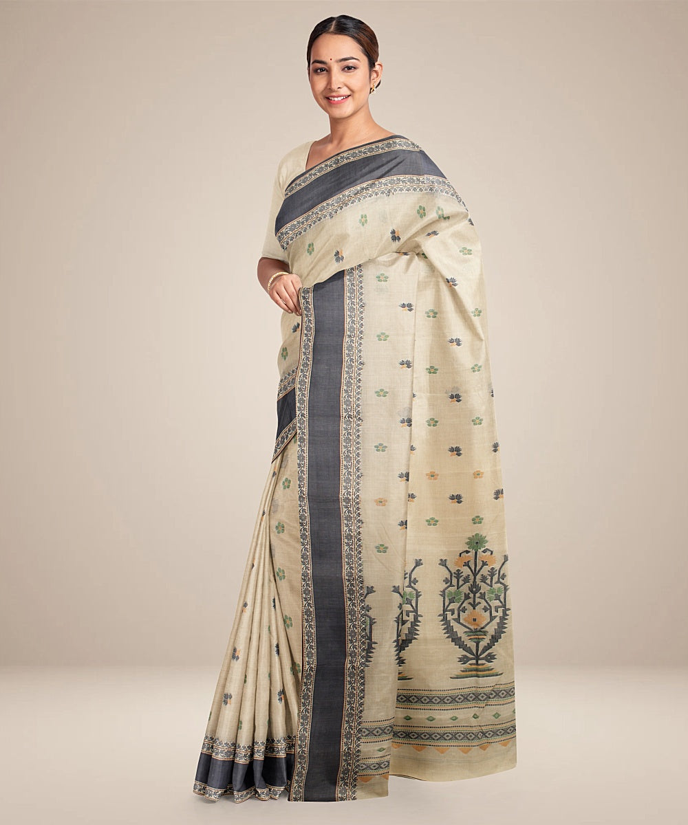 Beige black tangail cotton handloom saree