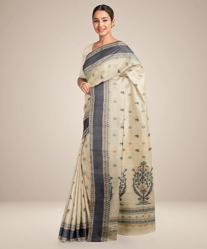 Beige black tangail cotton handloom saree
