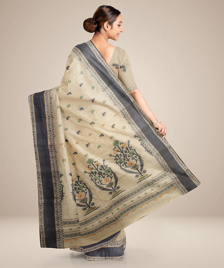 Beige black tangail cotton handloom saree