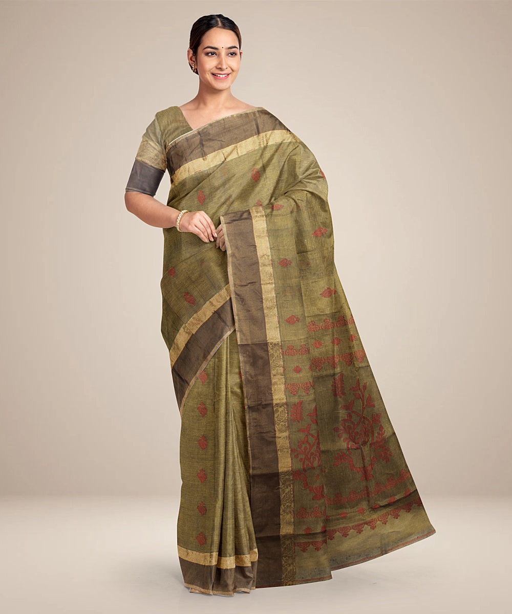 Saddle brown tangail cotton handloom saree