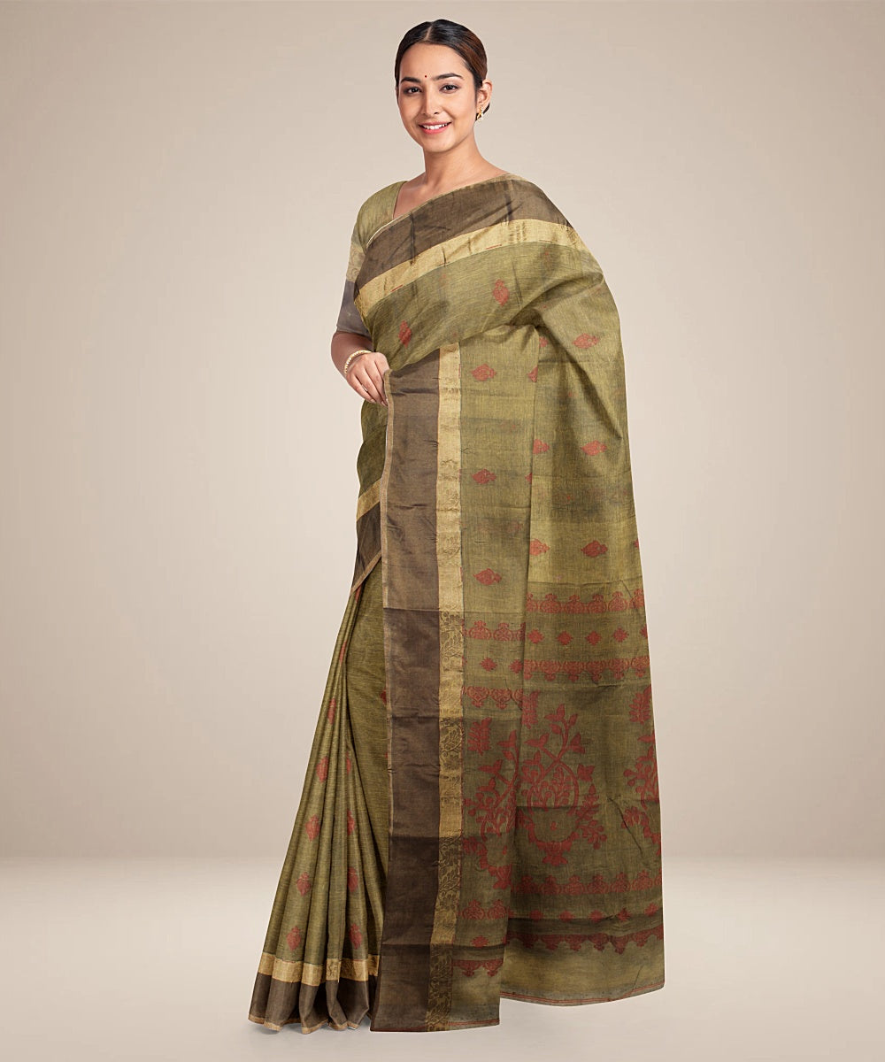 Saddle brown tangail cotton handloom saree