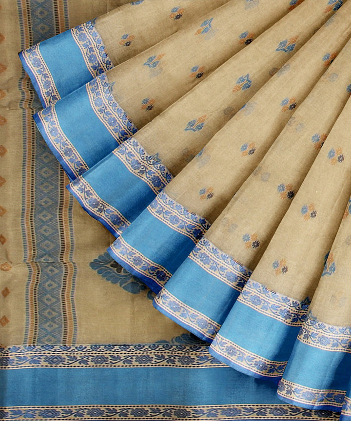 Beige blue tangail cotton handloom saree