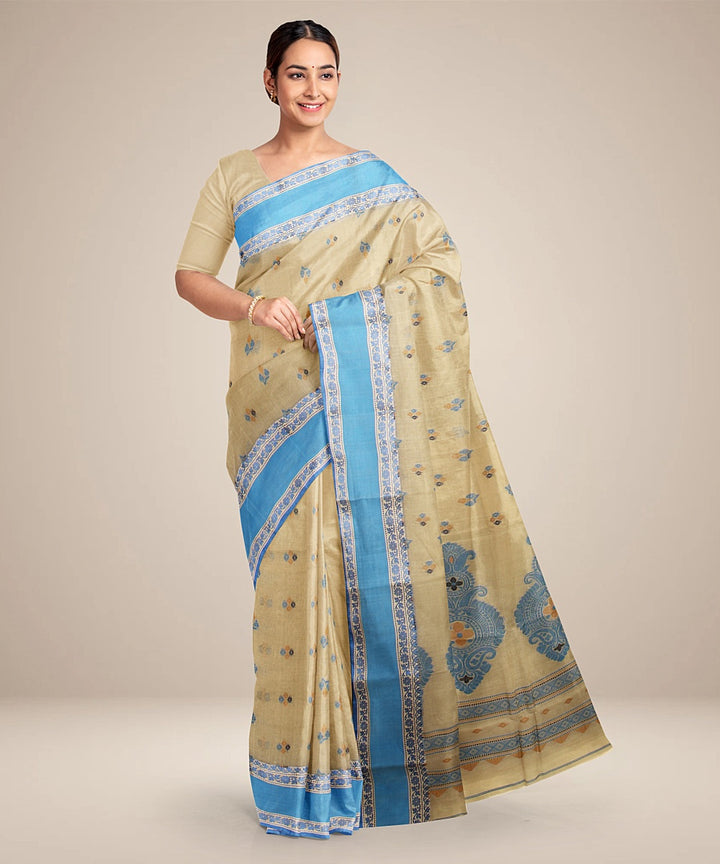 Beige blue tangail cotton handloom saree