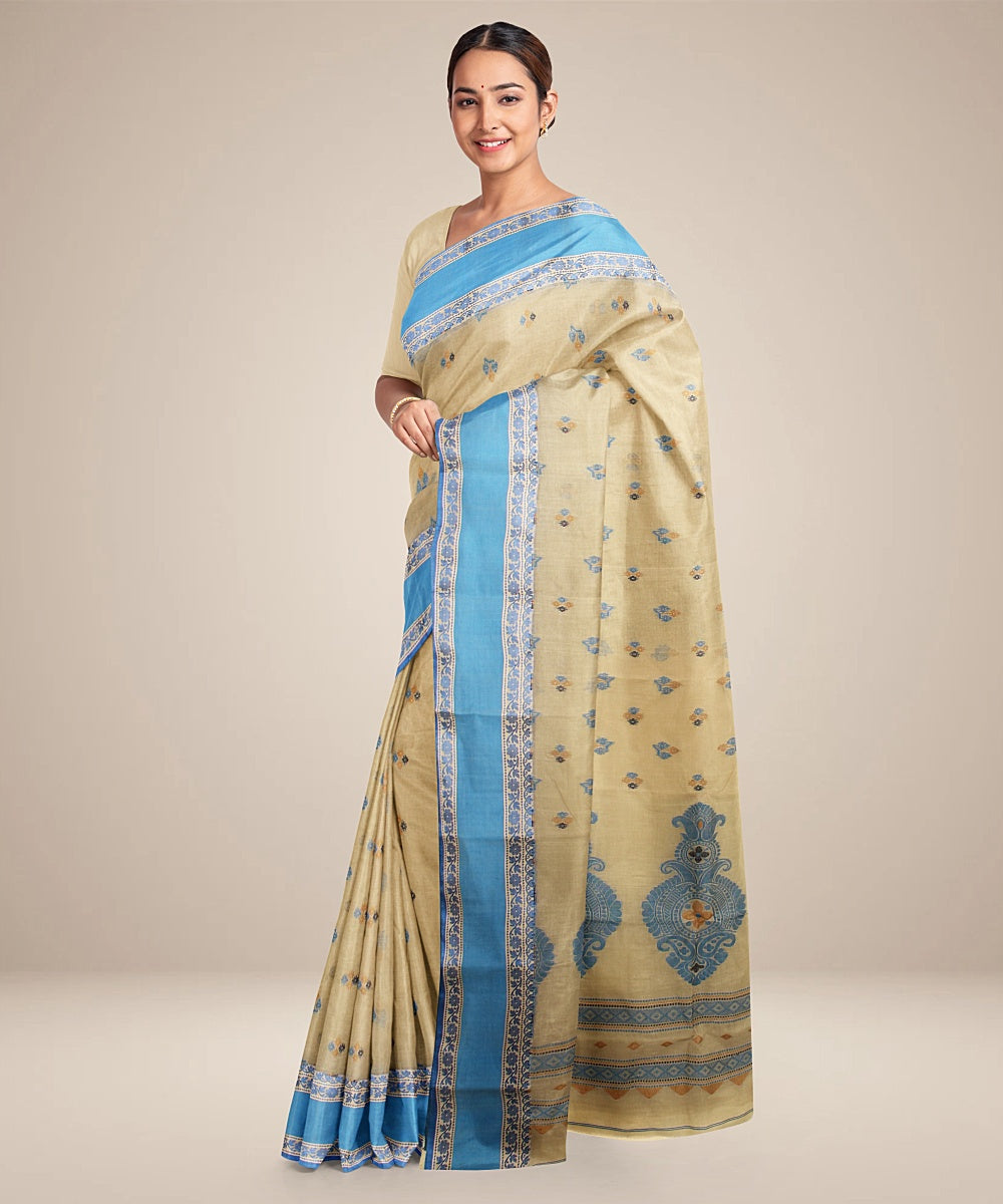 Beige blue tangail cotton handloom saree