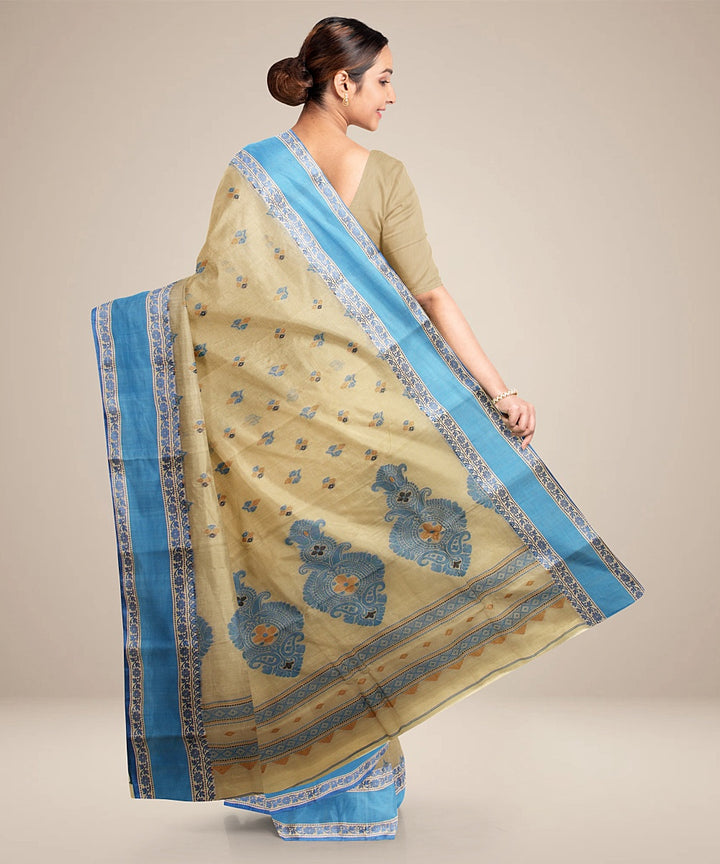 Beige blue tangail cotton handloom saree