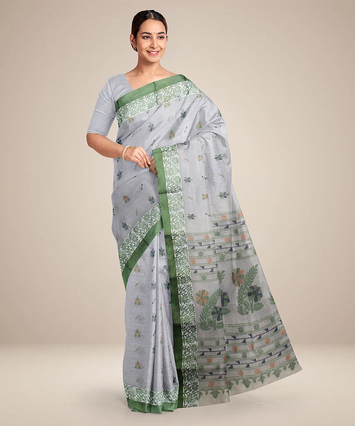 Light grey green tangail cotton handloom saree