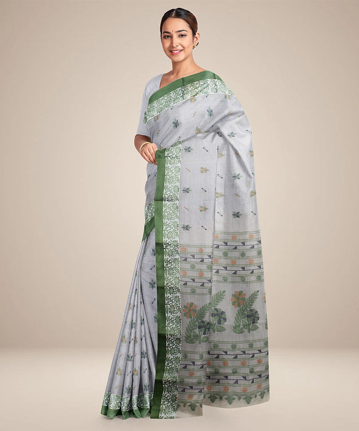 Light grey green tangail cotton handloom saree