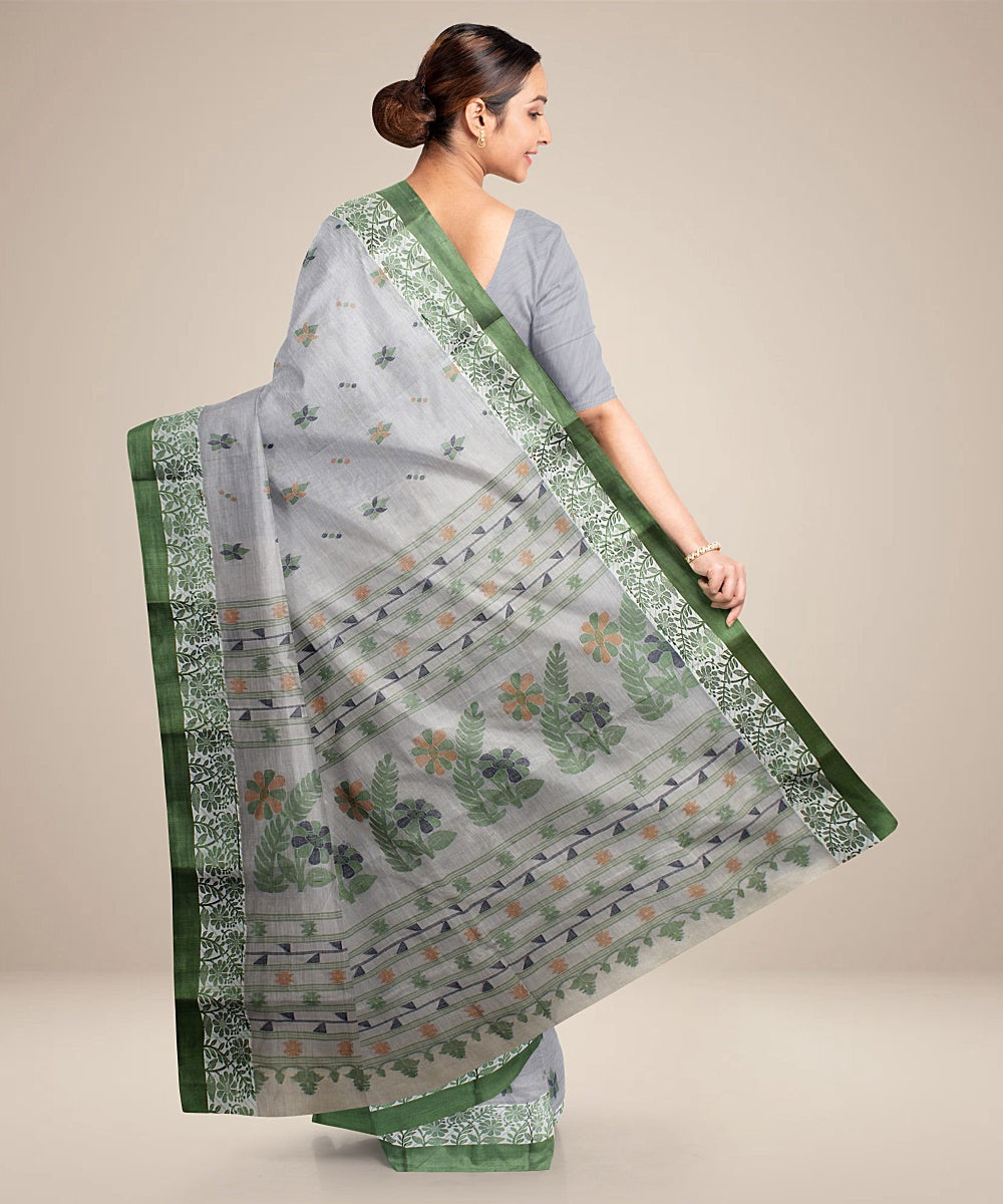 Light grey green tangail cotton handloom saree