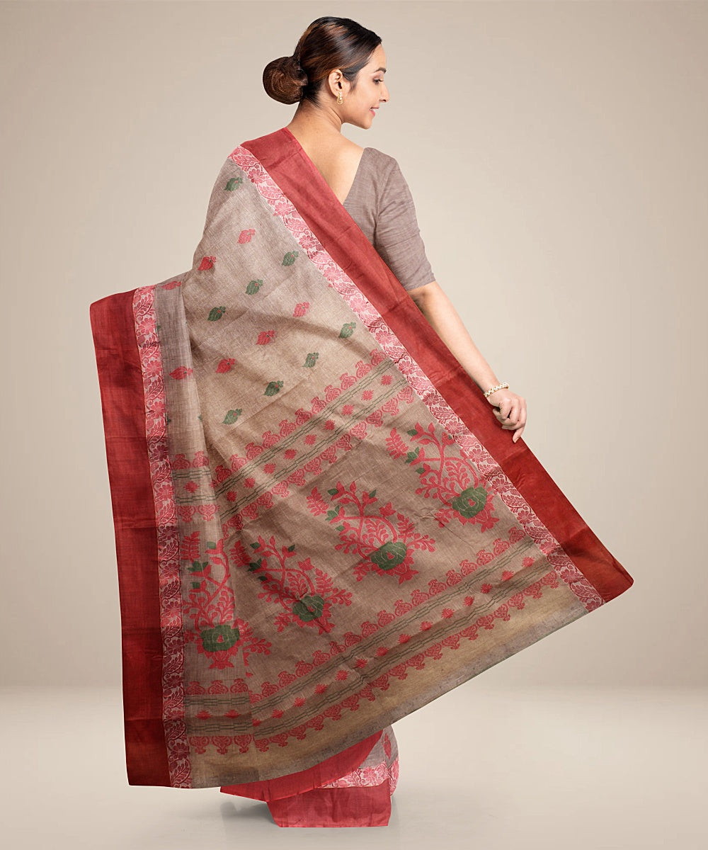 Brown red tangail cotton handloom saree