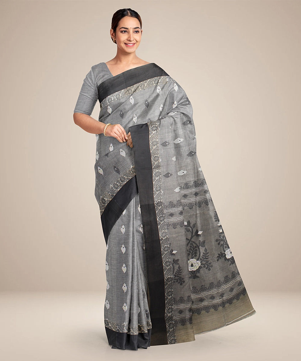 Grey black tangail cotton handloom saree