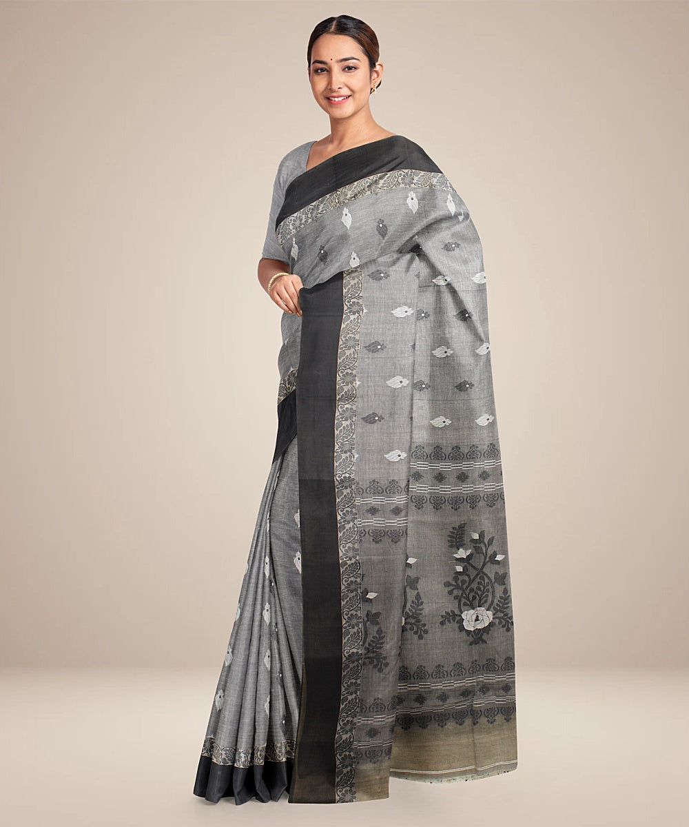 Grey black tangail cotton handloom saree