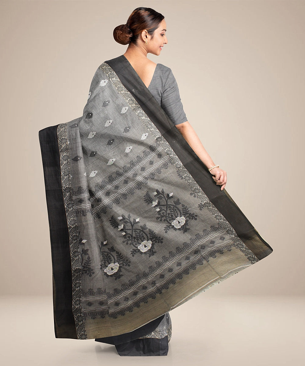 Grey black tangail cotton handloom saree