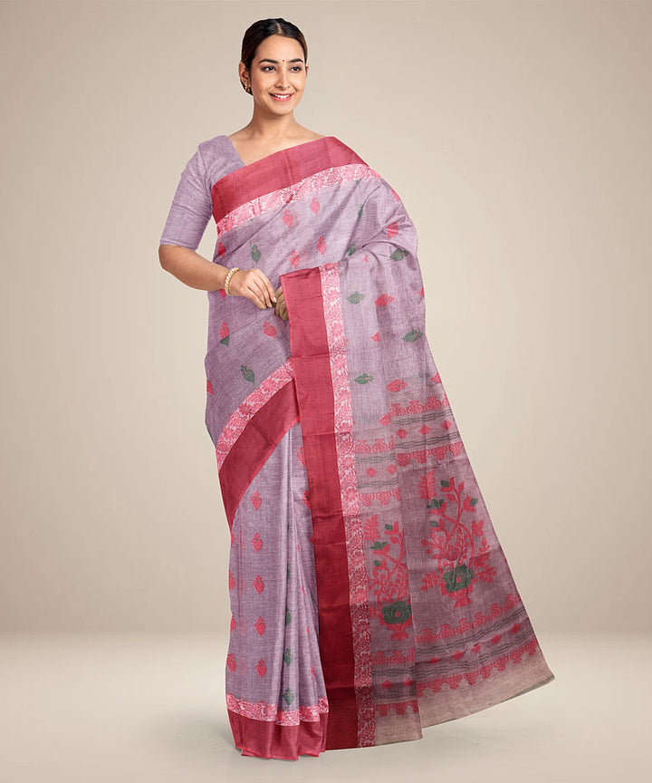 Grey maroon tangail cotton handloom saree