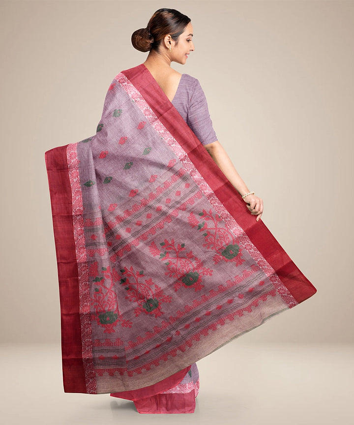 Grey maroon tangail cotton handloom saree