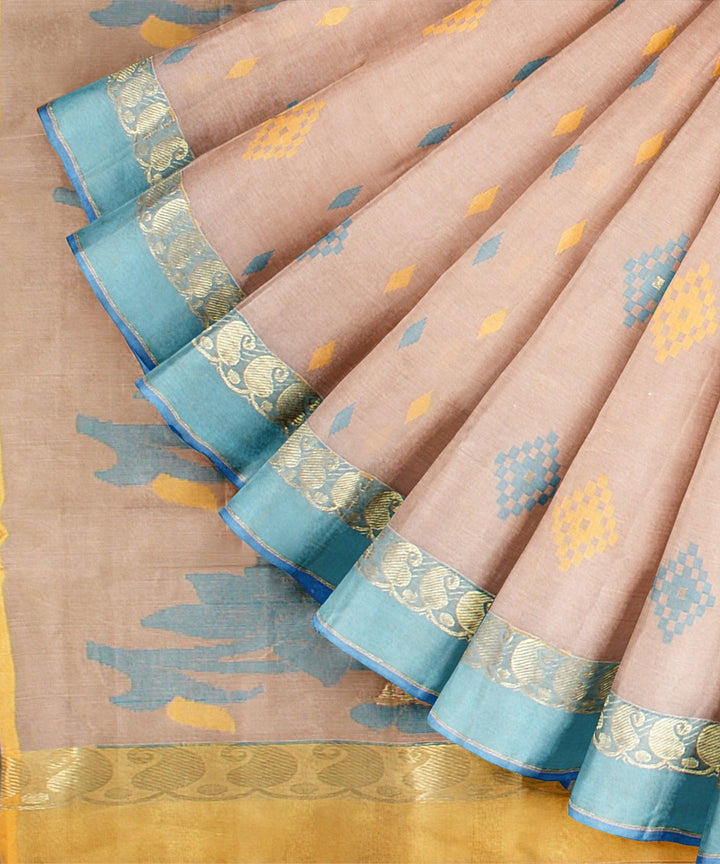 Beige yellow,blue tangail cotton handloom saree