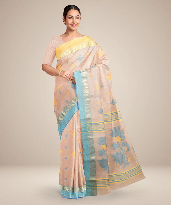 Beige yellow,blue tangail cotton handloom saree