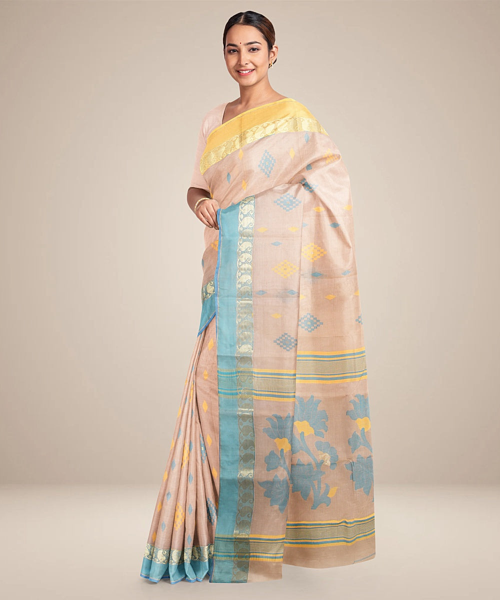 Beige yellow,blue tangail cotton handloom saree