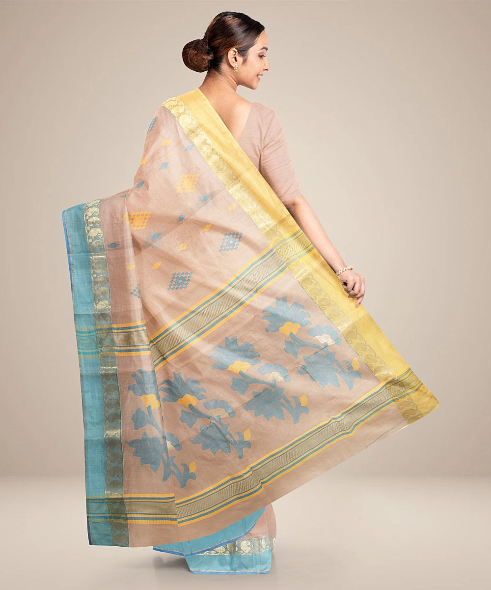 Beige yellow,blue tangail cotton handloom saree