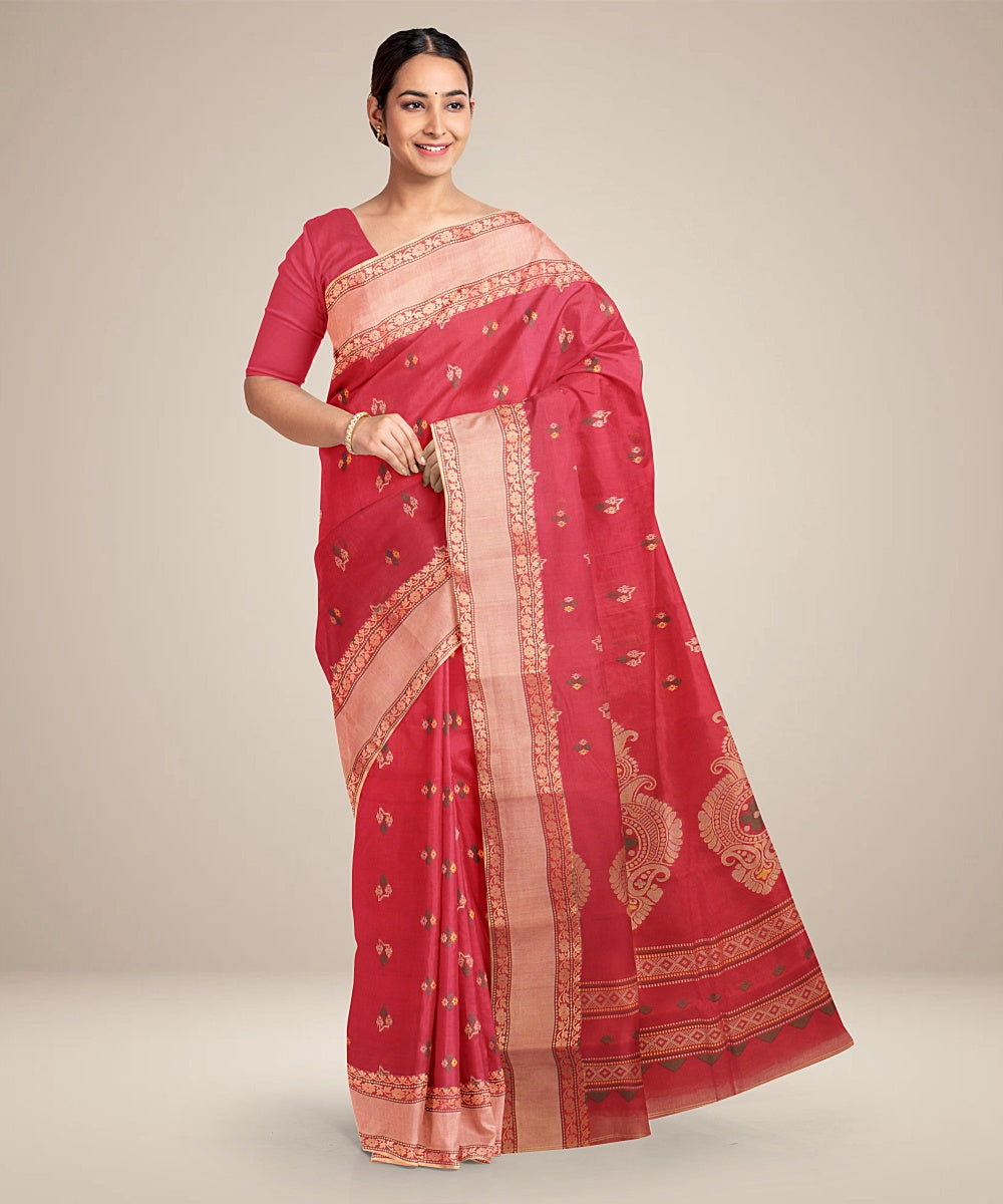 Red beige tangail cotton handloom saree