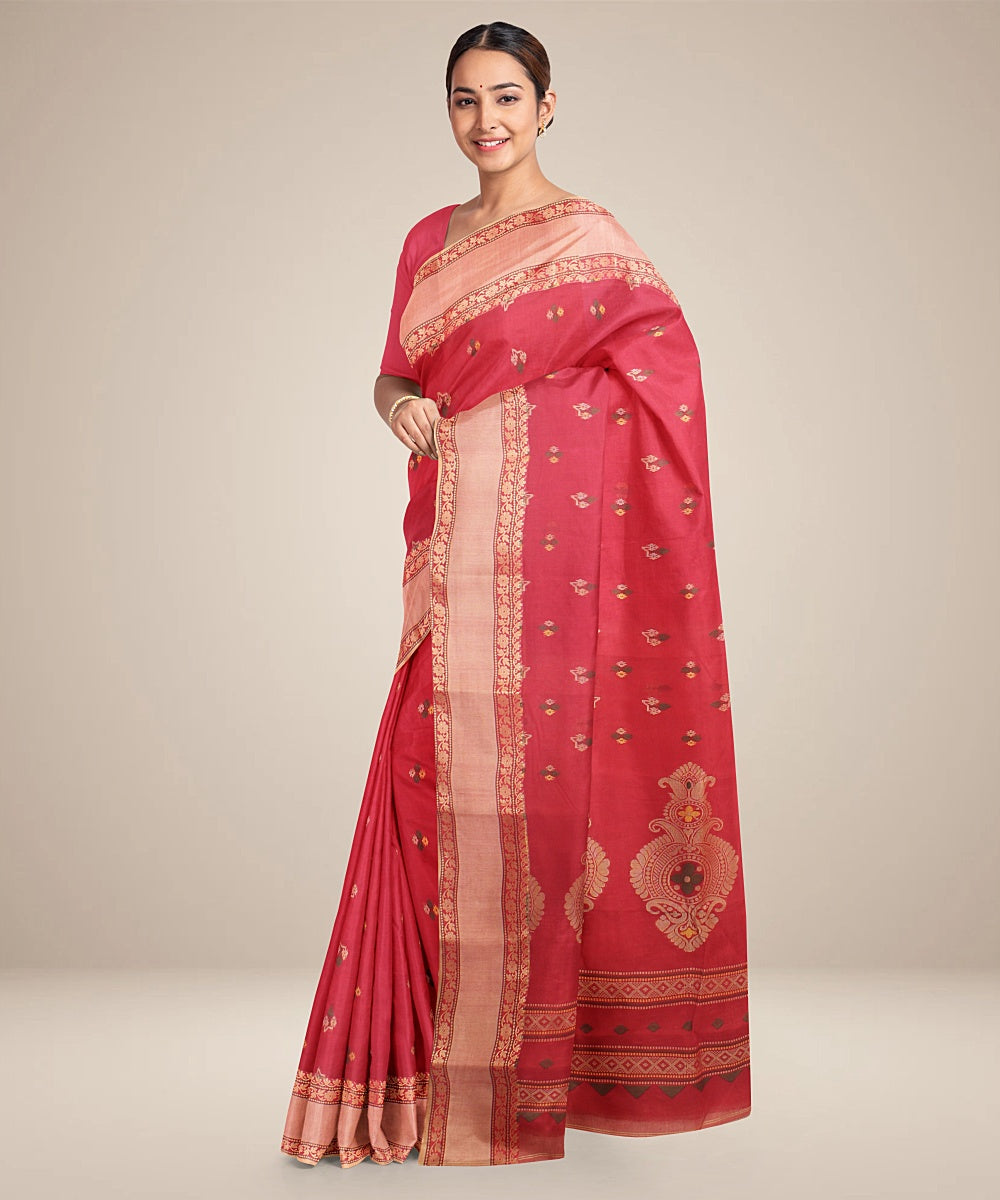 Red beige tangail cotton handloom saree