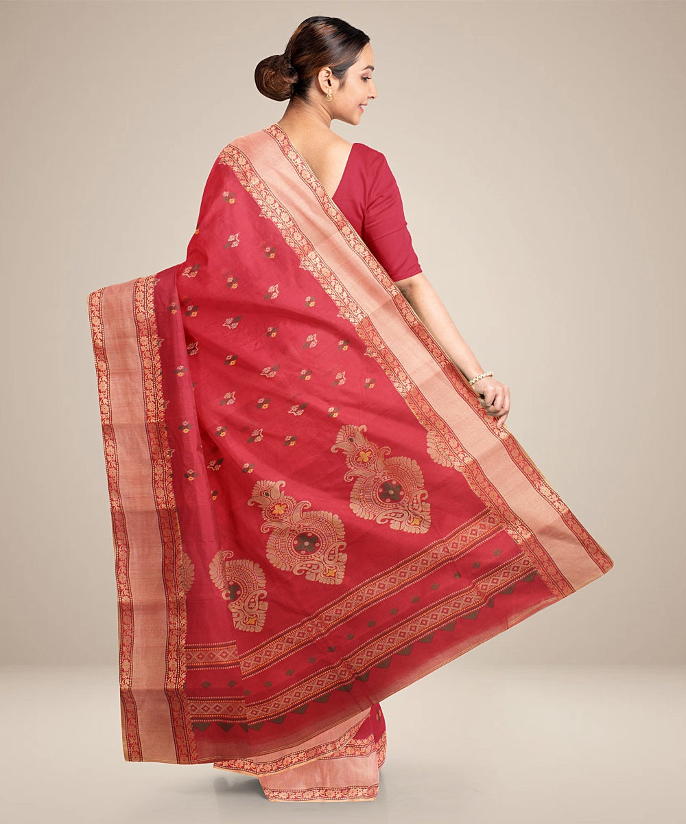 Red beige tangail cotton handloom saree