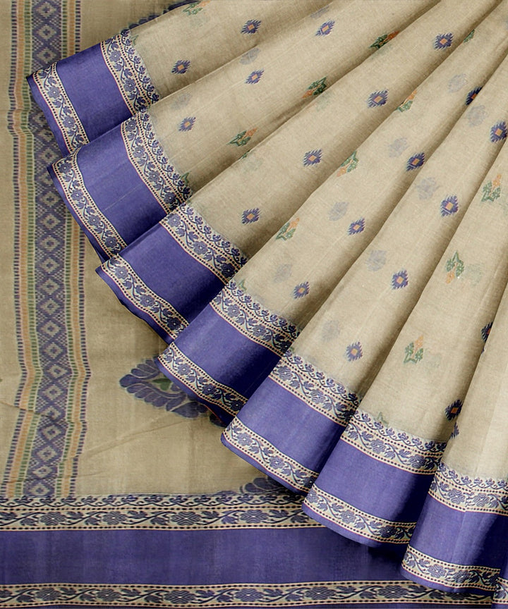 Beige royal blue tangail cotton handloom saree