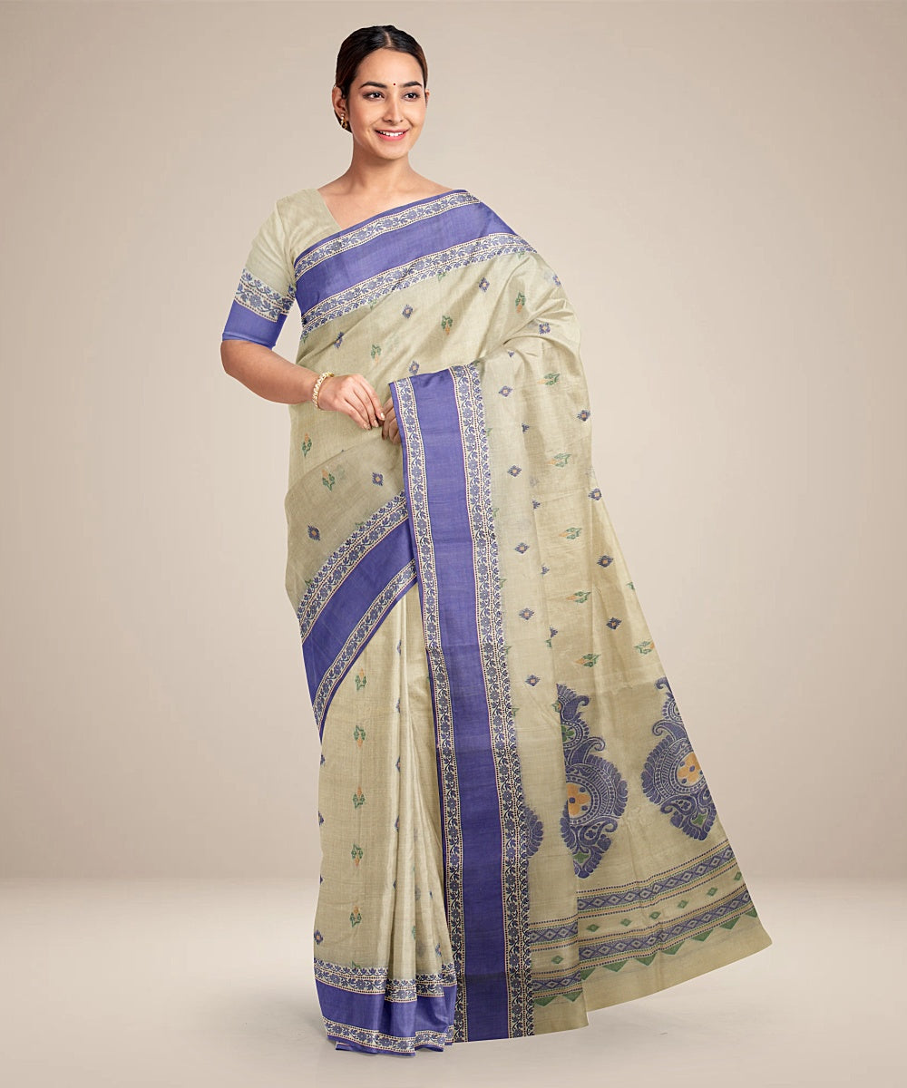 Beige royal blue tangail cotton handloom saree