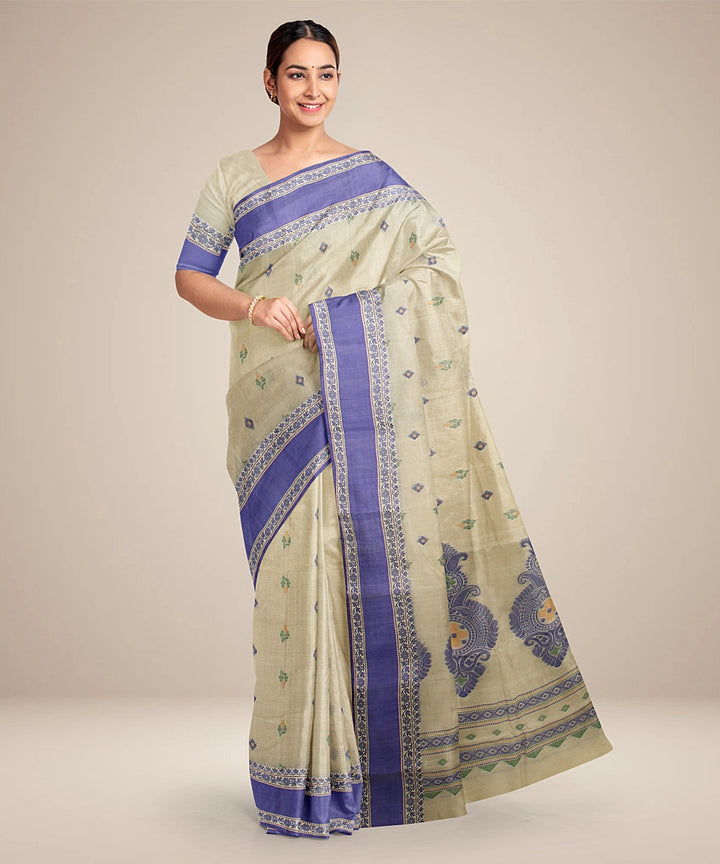 Beige royal blue tangail cotton handloom saree