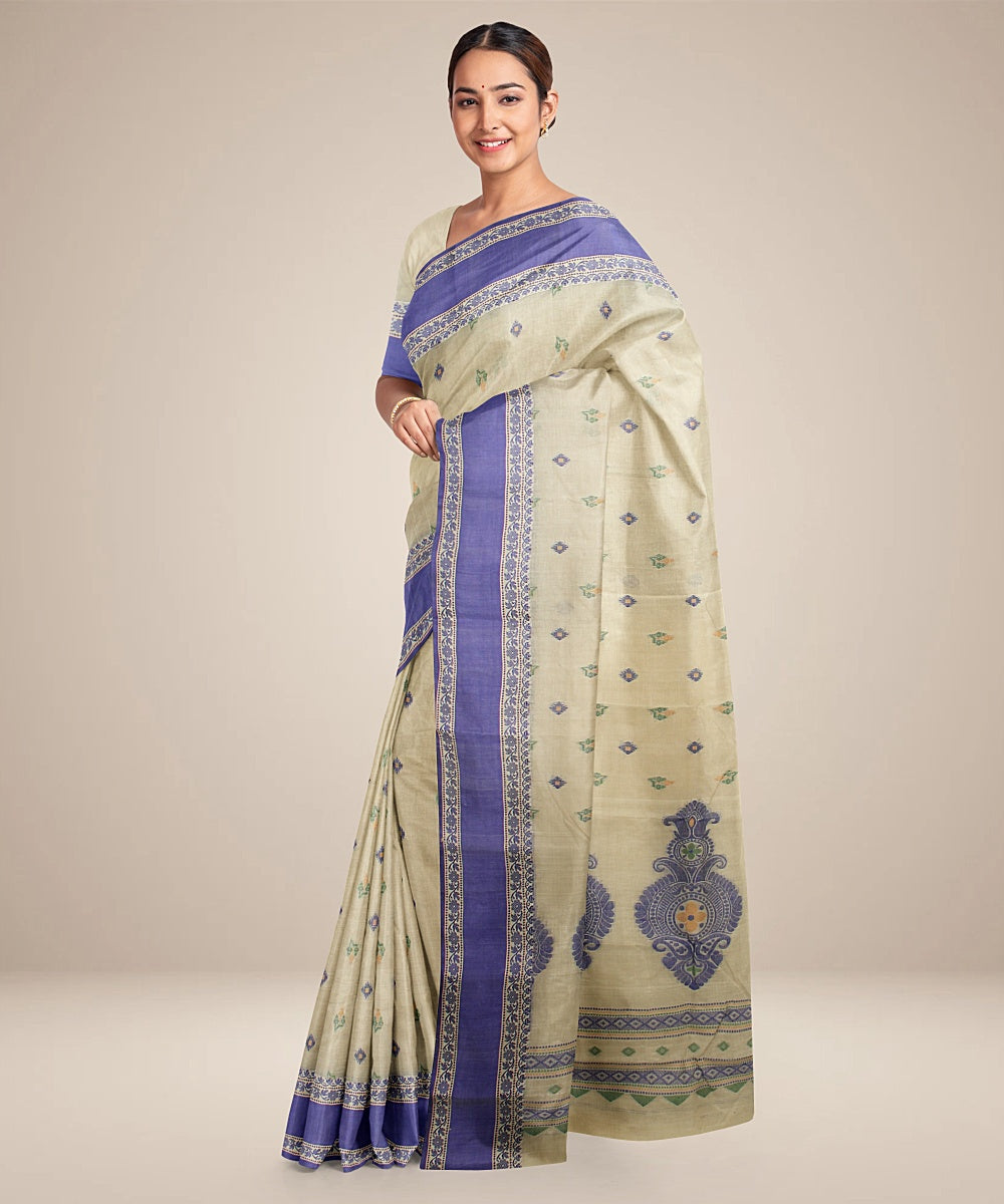 Beige royal blue tangail cotton handloom saree